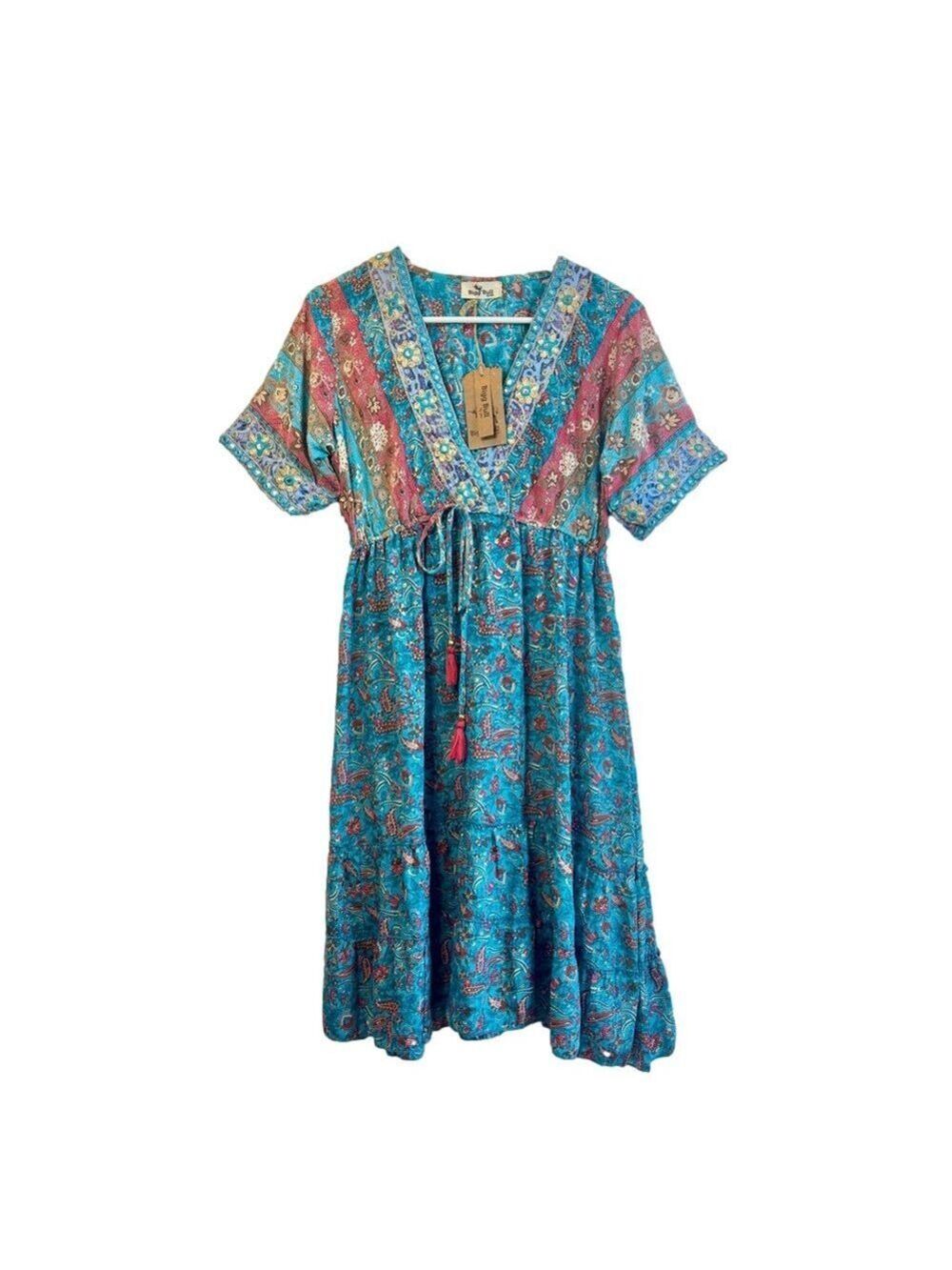 Boho Teal Paisley Midi Dress with Tassel Tie